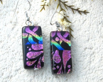 Pink Rainbow Earrings, Rainbow Earrings, Dangle Drop Earrings, Dichroic Glass Earrings, Fused Glass Jewelry, Sterling Earrings, 072316e101