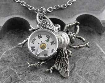 Steampunk Compass Bee Silver Necklace - Flight of the Travelling Bumblebee by COGnitive Creations