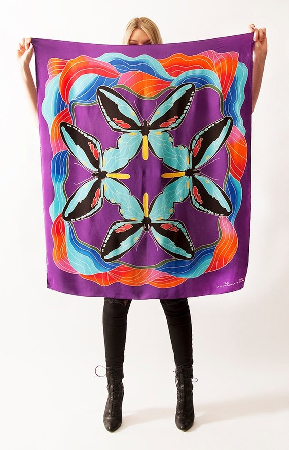 Hand Painted silk scarf with butterflies. Large colorful square scarf with purple edges. Batik painted on charmeuse silk. Size 37"x43".