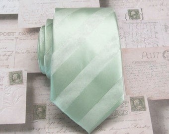 Dusty Mint Green Dusty Shale Stripes Mens Necktie with Matching Pocket Square Option. Wedding Ties.