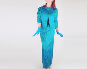 60s Green and Blue Damask 3-Piece Outfit with Long Skirt, Top and Jacket L