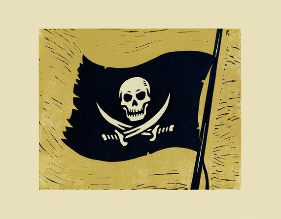 Jolly Roger PIRATE FLAG Handmade Lino Block Print