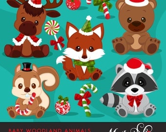 Christmas Baby Woodland Animals clipart. Baby fox, Baby squirrel, Baby moose, baby raccoon, baby bear graphics with Christmas Graphics!