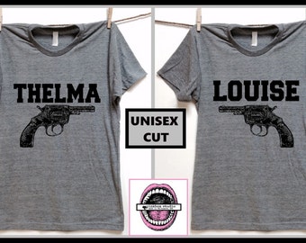 Thelma and Louise GUN image. Set of 2 Unisex Grey tri blend T shirt sizes XS thru 4XL. best friend shirts. badass feminist. plus sizes