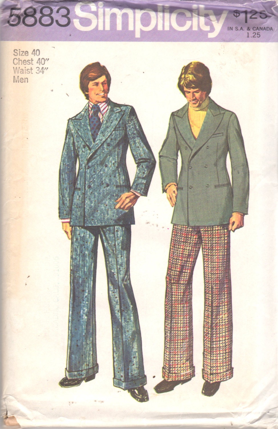 Simplicity 5883 1970s Mens Double Breasted Lined Jacket Cuffed