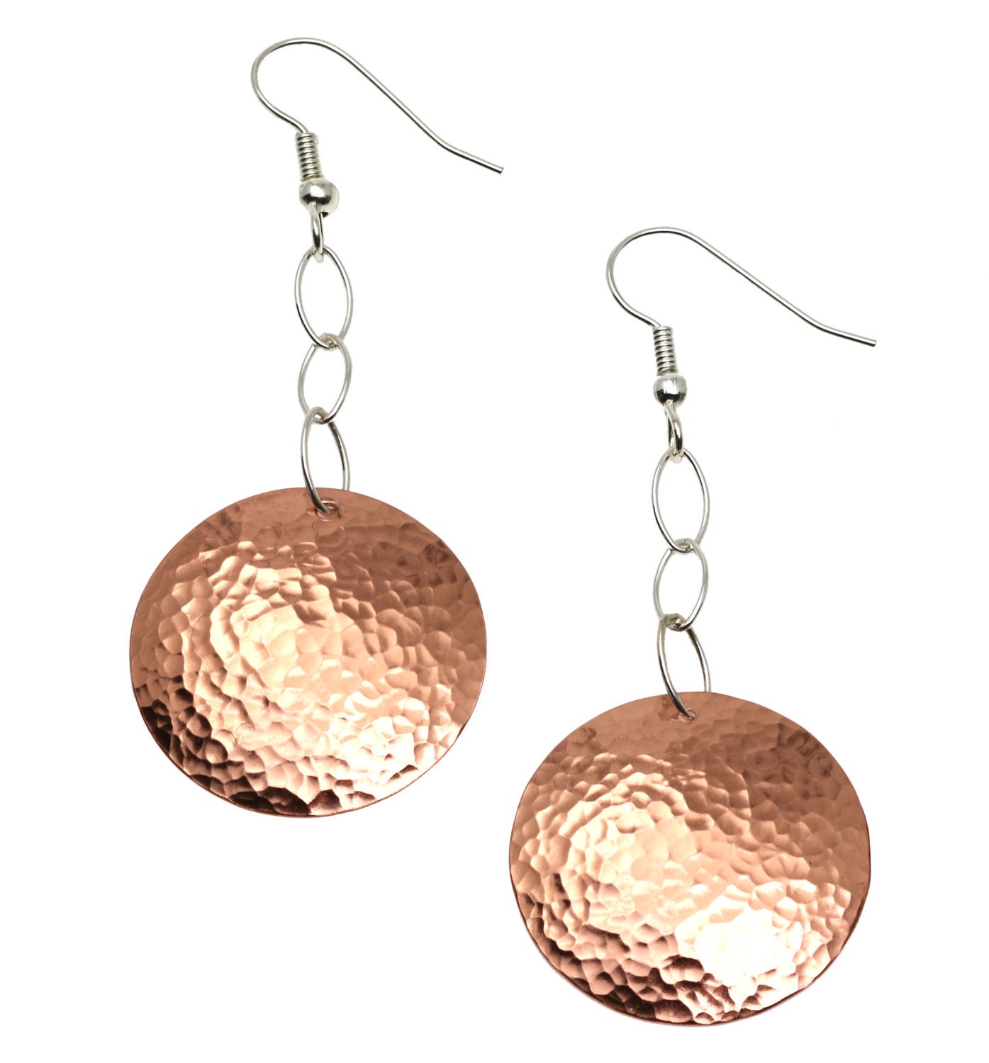 Hammered Copper Disc Drop Earrings Rose GoldTone Dangle