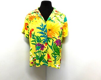 Vintage Yellow JAMS WORLD Hawaiian Rayon Blouse Shirt Top Rayon FLOREST Floral Print Quirky Bright M Medium
