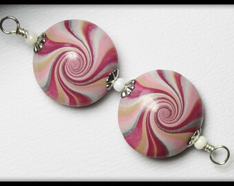 Cranberry Splash... Handmade Polymer Clay Beads Set Earring Pair Pink Plum Purple Silver White Lentil Lentils Swirl Spiral Jewelry Supplies