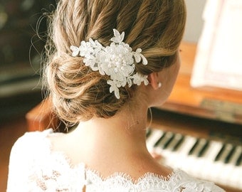 Pearl wedding hair pin, ivory lace wedding hair pin, lace hair pin for wedding - style #129