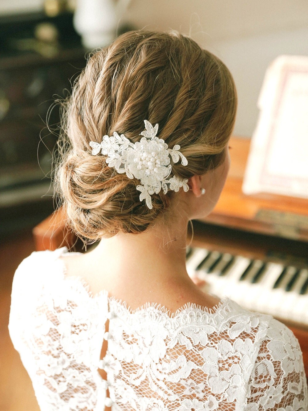 Pearl wedding hair pin ivory lace wedding hair pin lace hair
