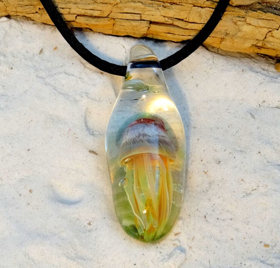 Glass Jellyfish Pendant Necklace Handmade by JHillsGlassArt