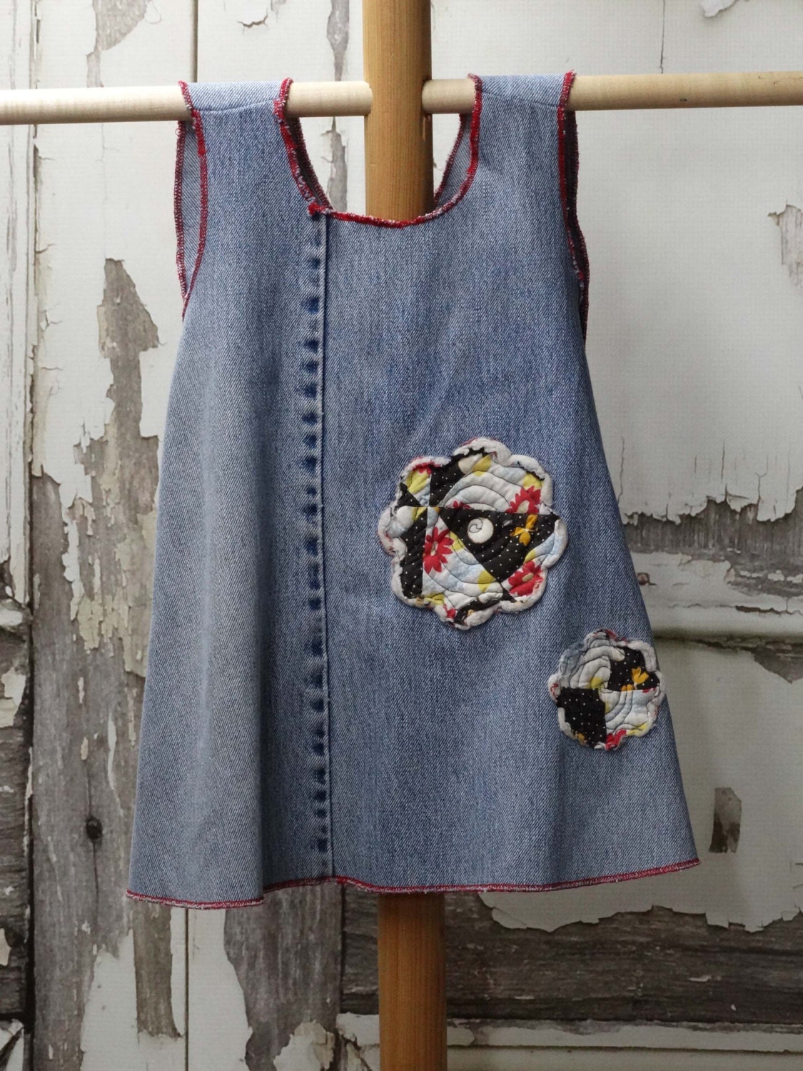 Little Girls Cross Back Pinafore Apron Upcycled Clothing Denim