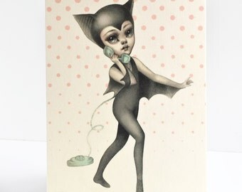 Bat Girl - Call Me - 4 x 5.75 Mini Art Print by Mab Graves - unframed