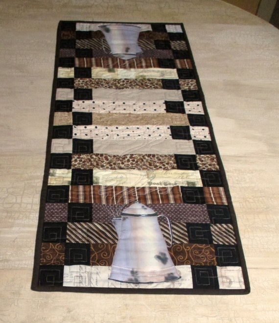 Quilted Coffee Theme Table Runner Hand Painted by paintedquilts