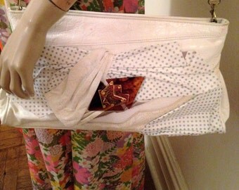80's White Faux Leather Over Sized Handbag Over The Shoulder Patchwork