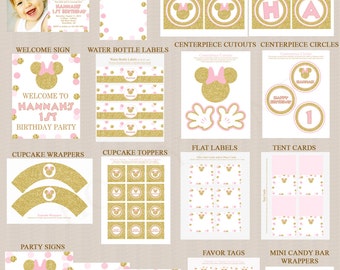 Gold Glitter and Pink Minnie Mouse Birthday Party Printables, Minnie Mouse Party Decorations, Printable, Personalized