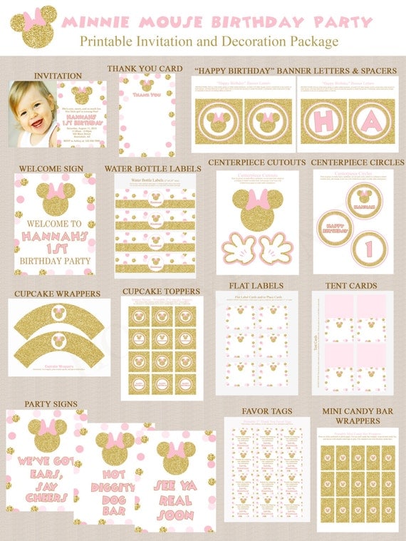 Gold Glitter and Pink Minnie Mouse Birthday Party Printables, Minnie ...