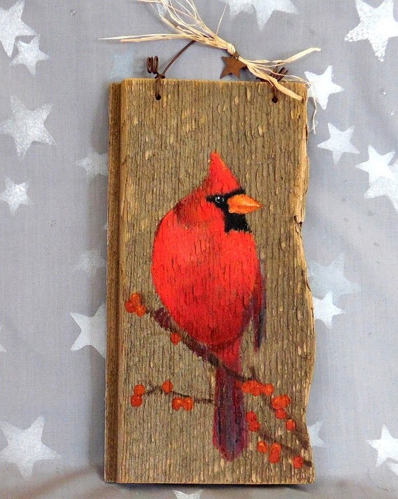 Red Bird cardinal authentic barnwood rustic hand painted