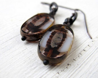Bohemian Dangles. Monochrome Statement Earrings, Czech Picasso Glass Drops, Black and White Rustic Ovals, Boho Chic Large Table Cut