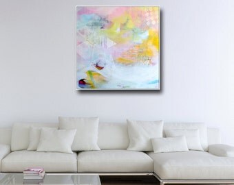 Large Wall Art, Abstract Canvas Print from Painting, Expressive Art, Modern Canvas Art, Colorful Painting Print, Blue Pink White Yellow Art