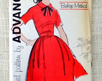 Vintage 1950s Pattern Dress Advance 9884 Uncut Bust 33 Full Skirt Peter Pan collar Rockabilly belted Uncut