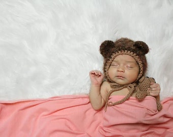 Teddy Bear Bonnet, Teddy Bear Toy, Newborn Photo Prop, Crochet Bear Hat, Crochet Teddy Bear, Baby Bear Hat, Brown Bear Hat, Fuzzy Bear Hat