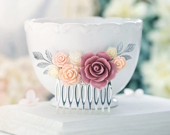 Dusty Pink Bridal Hair Comb, Dark Pink Ivory Blush Pink Wedding Hair Comb, Silver Bridal Comb, Silver Leaf Hairpiece, Bridesmaid Gift Idea