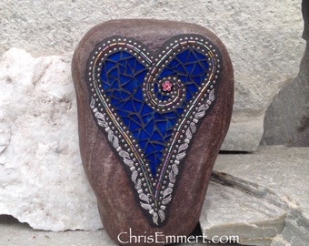 Cobalt Blue Angel Wing Heart, Garden Stone, Mosaic, Garden Decor