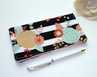 Checkbook Cover. Wallet. Receipt Holder in Piper Floral. Black & White Stripes, Mint, Gold, Coral