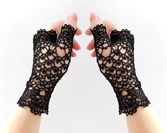 Gothiс Lace Evening fingerless gloves. Hand Jewelry Steampunk Black Retro Crochet mittens, Victorian fingerless gloves, Arm wrist warmers