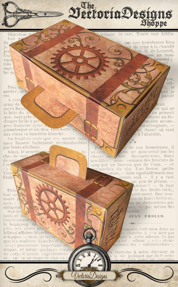 Steampunk Suitcase Box Printable diy gift box paper crafting party favor vintage instant digital download digital collage sheet - VDBXST1373 by VectoriaDesigns steampunk buy now online