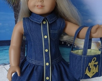 Yacht Club dress and nautical theme beach bag for American Girl or similar 18 inch doll