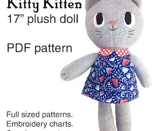 Kitty Kitten cat rag doll sewing pattern, soft toy plushie pattern, PDF instant download, A4 or letter