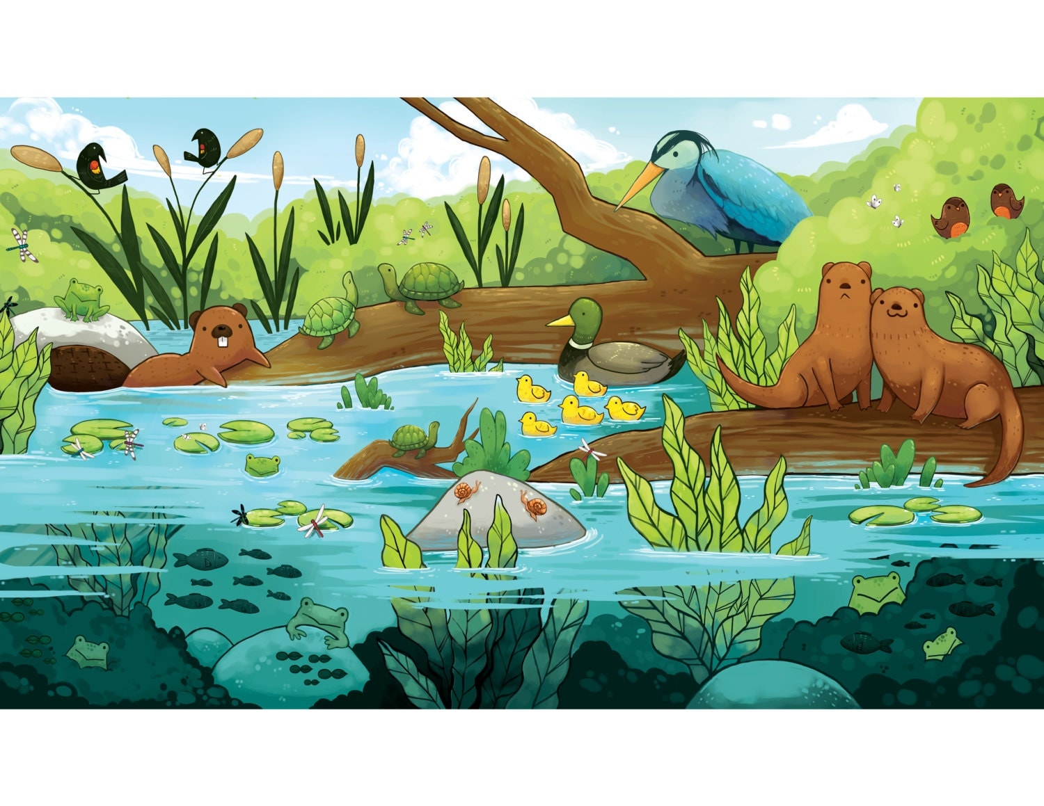 pond and river ecosystem print Children's room artwork