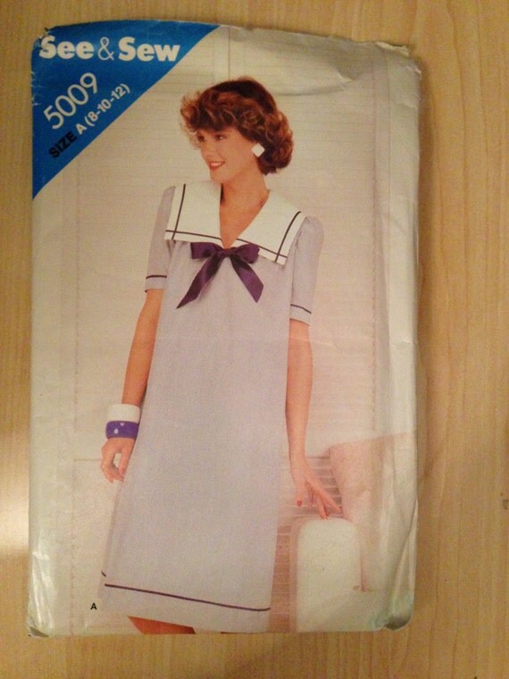 Vintage 80s Butterick 5009 See and Sew Sewing Pattern Misses Nautical Dress Uncut Size 8-12