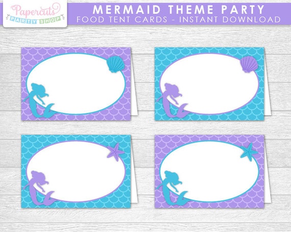 Mermaid Theme Party Blank Food Tent Cards | Purple & Blue | Printable ...