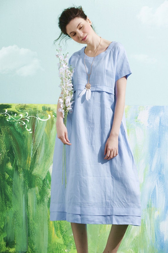 Linen Dress In Blue Empire Waist Linen Dress Shirt Tunic