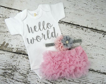NEWBORN GIRL Coming Home Outfit / Baby Girl Hello World Outfit / Pink Bloomers Pink & Grey Headband Set / Baby Girl Hospital Outfit