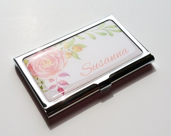 Personalized Business Card Holder, Custom Flower Business Card Case, Metal Credit Card Holder, Personalized Gift, gift for her, Employee E05