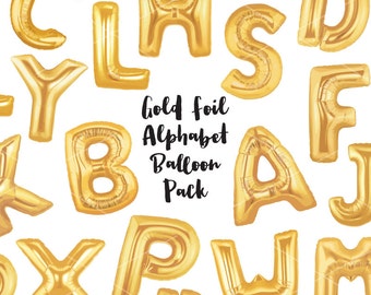 Gold Foil Balloon Letters Clip Art - Gold Letters - Balloon Party Celebration Birthday Graphics - Commercial & Personal - Instant Download
