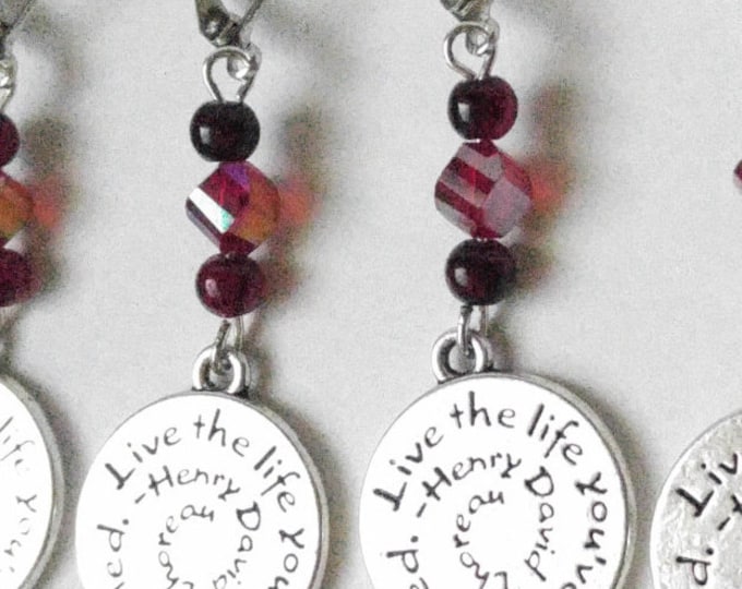Thoreau Quote Earrings, Live the Life You've Dreamed, 4 styles, Leverback Earrings, Ruby Crystals, Golden crystals, Amythest Crystals, Pink