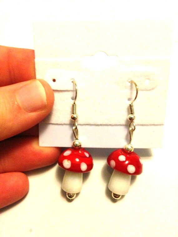 Red Lampwork Glass Mushroom Beaded Earrings by HeartSoulJewelryInc