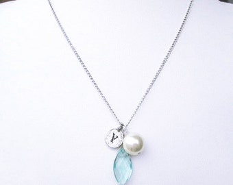Y pearl charm necklace with march pastel blue birthstone necklace, personalized necklace gifts, silver "Y" letter coin jewelry necklace gift