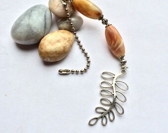 silver leaf and stone beaded ceiling fan pull, light pull, ball chain pull, lighting decor, neutral light pull, brown tan light pull.