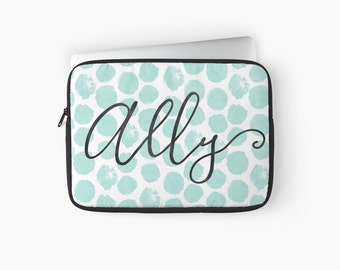 Personalized Laptop Sleeve - Laptop sleeve for Macbook Air, Macbook Pro, with mint green watercolor dots, calligraphy monogram