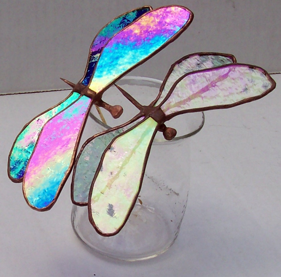 2 Stained Glass Dragonflies Dragonfly Plant Stakes Garden