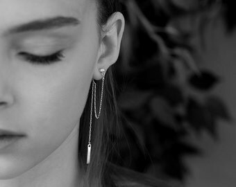 Sterling Silver Trendy Chain Earrings, Fashion Ear Jacket Earrings, Small Rectangular Stud with a Jacket Chain and Long Dangling Bar