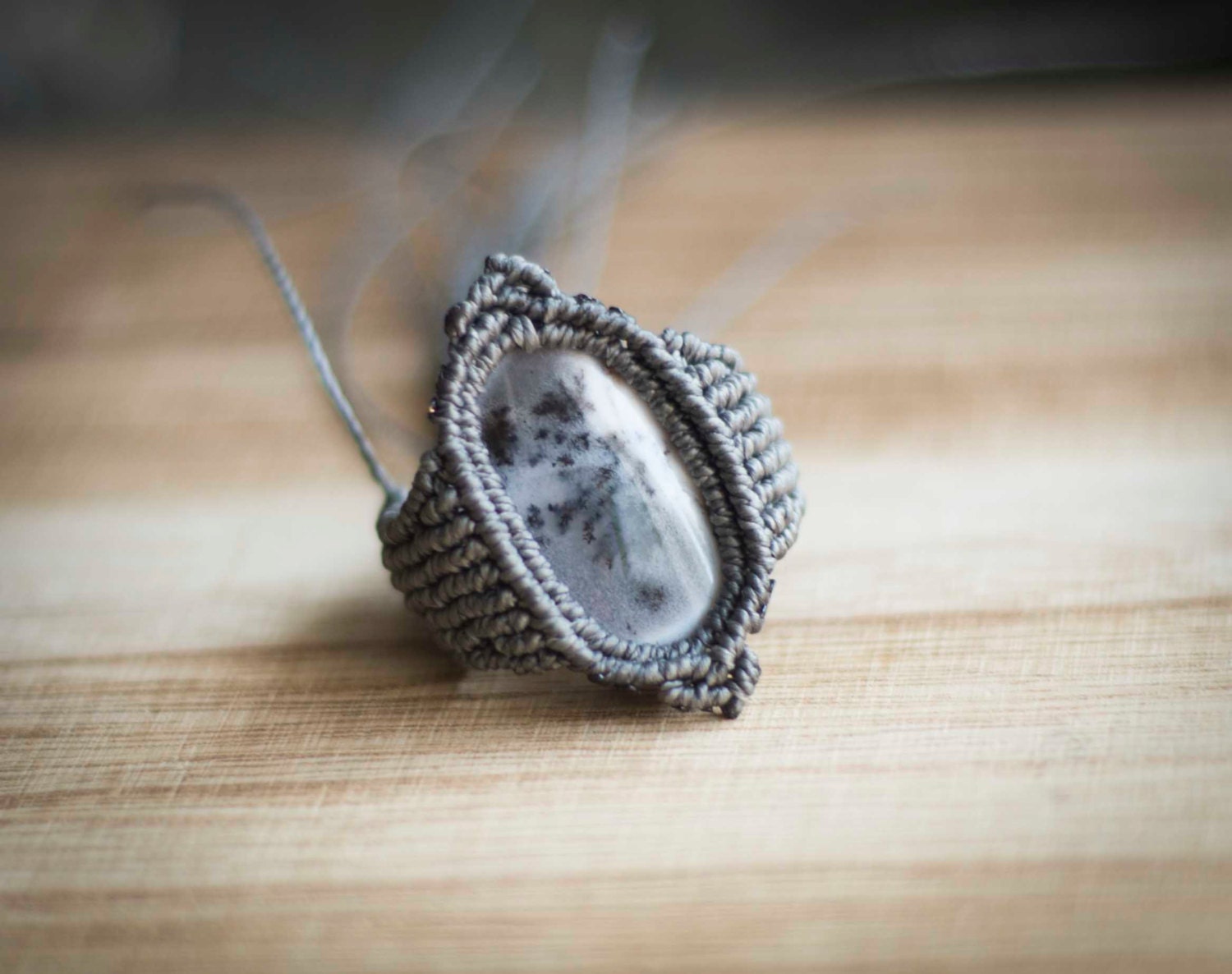 Grey micro macrame ring semiprecious stone ring macrame