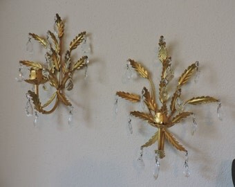 Italian Gold Leaf Toleware Sconces | Vintage Pair Gold Candle Holders Prisms | Mid Century Florentine Wall Hanging Decor | Hollywood Regency