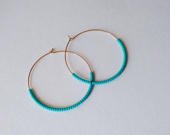 Large 14kt Gold filled hoops, turquoise hoop earrings, teal hoops,seed bead earring,round earrings,beaded earring,dainty earring,thin hoops